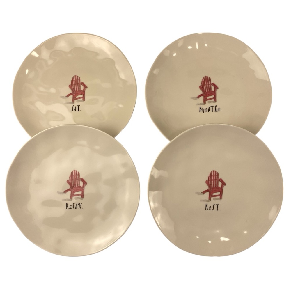 Set of 4 Rae Dunn 8" Melamine Adirondack Chair Plates Sit, Breathe, Relax, Rest